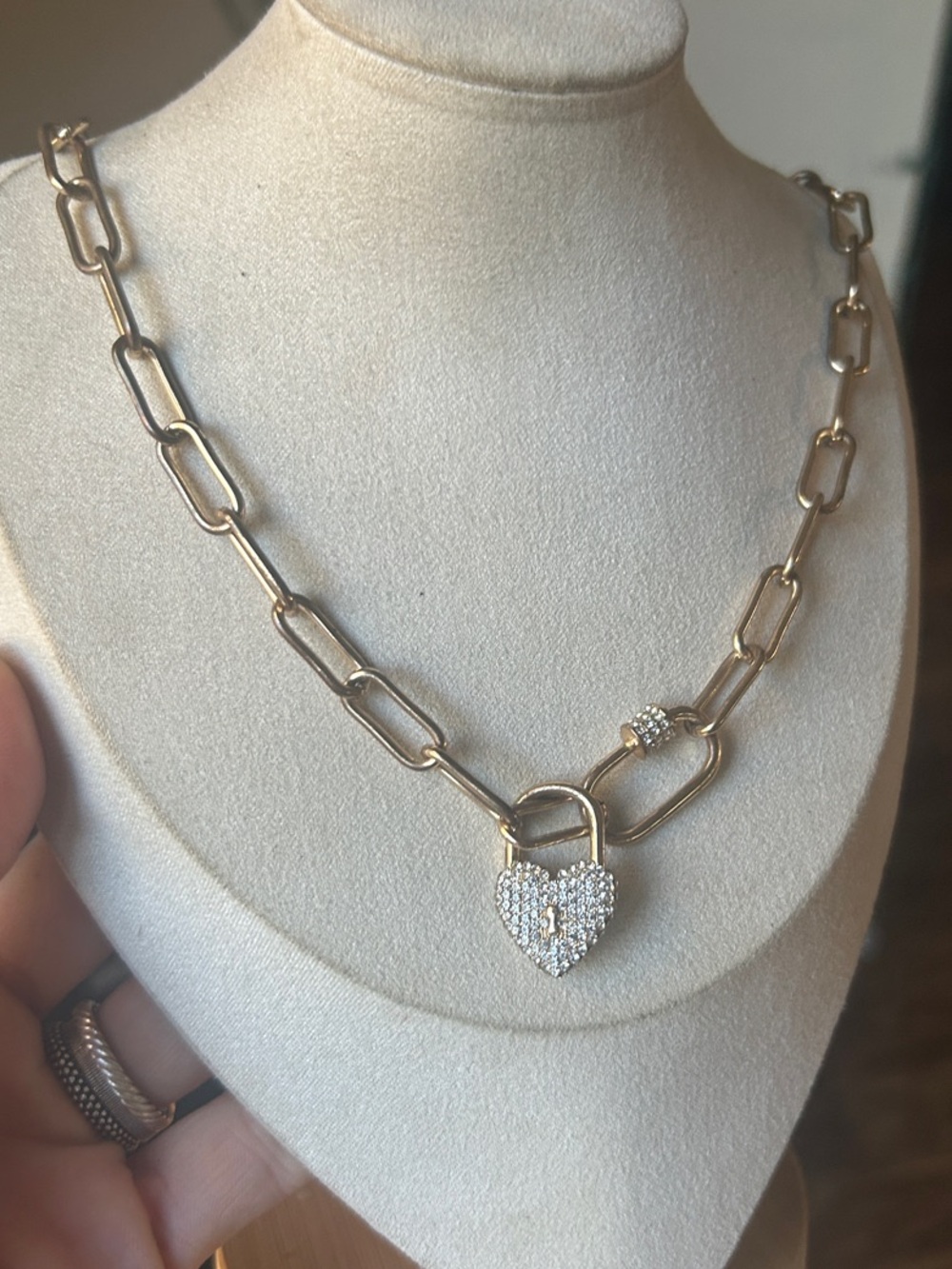 Gold Pave Heart Lock Paper Clip Chain Necklace